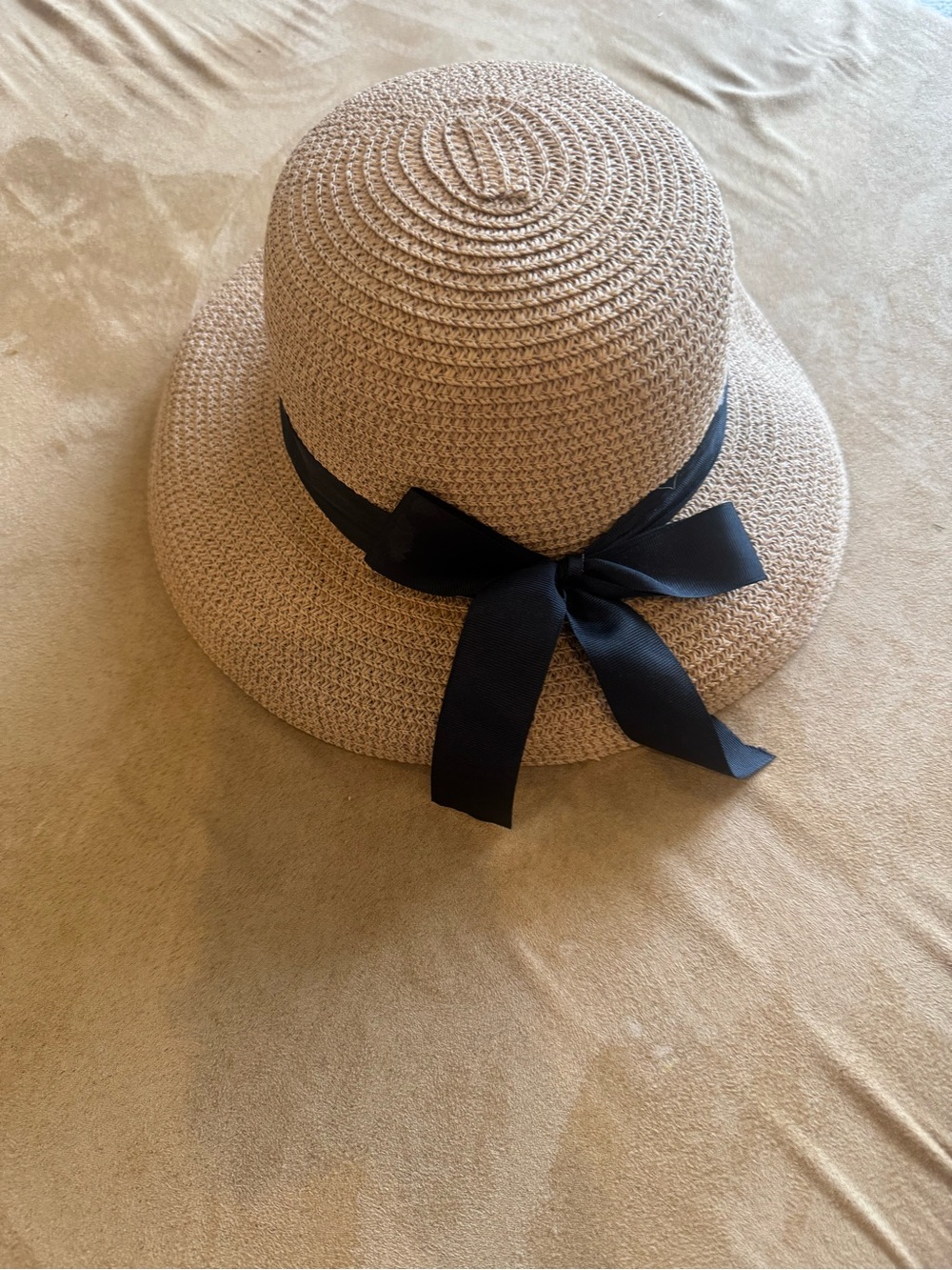 Classic Straw Sun Hat with Black Ribbon - Beige